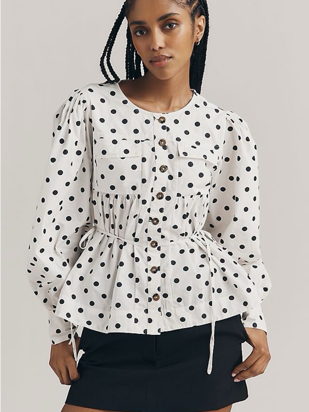 Damson Madder Polka Dot Button-Front Peplum Blouse - White/Black